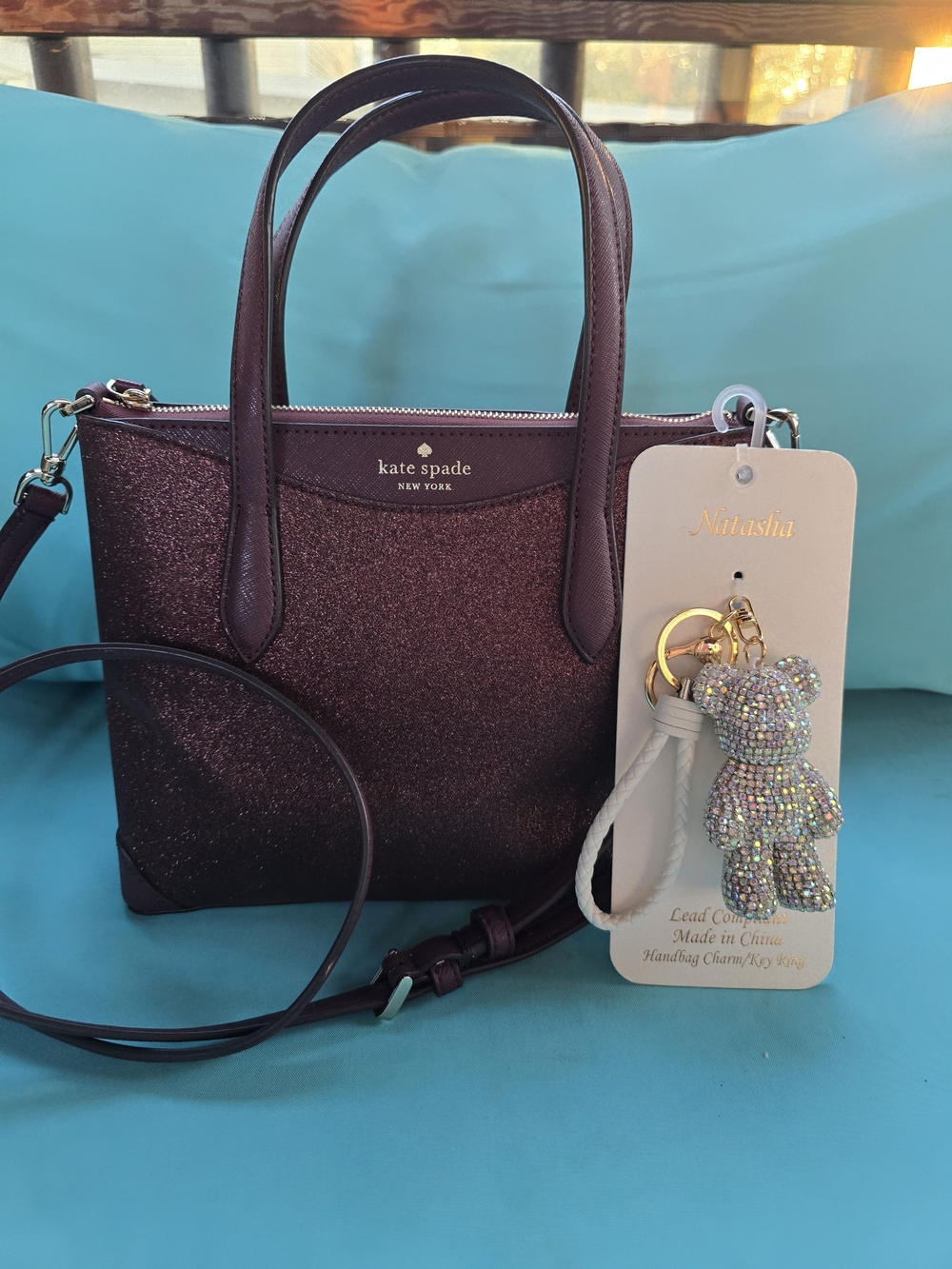Kate Spade Glitter Tote Purse & Sparkle Bear Keychain